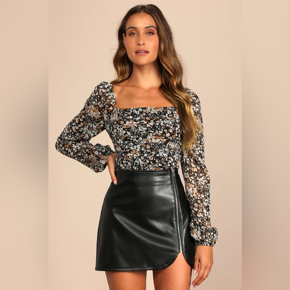 Lulus Mood Setter Black Floral Print Ruched Long Sleeve Top